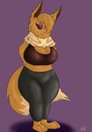 anthro anthrofied between_breasts big_breasts big_butt breasts butt clothed clothing crop_top duo female fur hair hair_over_eye hug huge_breasts macro nude one_eye_obstructed orange_body orange_fur pokemorph shirt size_difference tan_body thick_thighs topwear wide_hips acacia_dune nintendo pokemon acacia eevee felid feline felis generation_1_pokemon mammal pokemon_(species) sand_cat hi_res