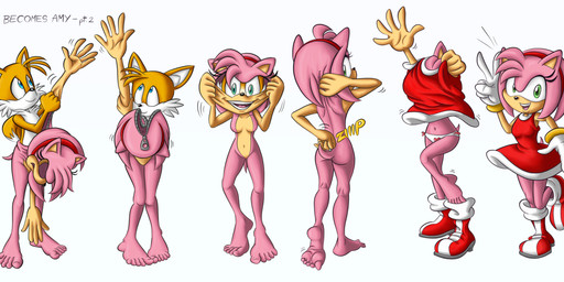 accessory anthro barefoot blue_eyes boots cartoon_nudity clothing dress duo feet female footwear fur gender_transformation gesture green_eyes hand_gesture headband hollow_body motion_lines mtf_transformation orange_body orange_fur panties pink_body red_boots red_clothing red_dress red_footwear red_headband shoes simple_background skinsuit suit_transformation suiting tight_clothing transformation underwear unusual_anatomy v_sign white_background x-ray_view sagabel sega sonic_the_hedgehog_(series) amy_rose miles_prower canid canine eulipotyphlan fox hedgehog mammal 2019 absurd_res hi_res signature