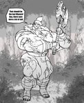 anthro axe big_muscles big_pecs blood bodily_fluids bottomwear bulge clothing feet forest hair happy head_tuft huge_muscles loincloth male muscular muscular_anthro muscular_male muscular_thighs pecs plant ponytail smile solo text toes tree tuft parttimeyeen_(artist) avian bird owl character_request english_text greyscale hi_res monochrome