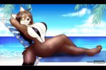 anthro beach big_breasts bikini black_bars breasts brown_body brown_fur brown_hair chair clothing cloud crossed_legs curvy_figure detailed_background female fur furniture green_eyes hair hands_behind_head huge_breasts long_hair lounge_chair one-piece_swimsuit outside palm_leaves sand sea seaside sky sling_bikini solo swimwear thick_thighs tropical two-piece_swimsuit voluptuous water wide_hips dracojeff techliner canid canine mammal 2015 letterbox intersex_(lore)