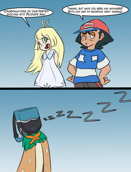 ambiguous_gender backpack black_hair blonde_hair blue_background brown_eyes female gradient_background green_eyes group hair humor male simple_background sleeping sound_effects text trio vowelless vowelless_sound_effect zzz pkmnmasterwheeler nintendo pokemon ash_ketchum lillie_(pokemon) pokemon_trainer avian bird decidueye generation_7_pokemon human mammal pokemon_(species) english_text