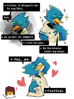 anthro beak blue_body clothing duo eyewear glasses male shirt simple_background text topwear white_background white_clothing white_shirt white_topwear c0denamedelta deltarune undertale_(series) berdly avian 2025 absurd_res hi_res