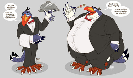 anthro barefoot beak bottomwear bow_tie claws clothed clothing collared_shirt dialogue dress_shirt feathers feet food half-closed_eyes holding_food holding_object holding_plate male morbidly_obese morbidly_obese_anthro morbidly_obese_male narrowed_eyes obese obese_anthro obese_male open_mouth overweight overweight_anthro overweight_male pants plate shirt skewer solo speech_bubble suit text topwear torn_bottomwear torn_clothing torn_pants weight_gain dragontzin disney the_lion_king zazu_(the_lion_king) avian bird bucerotiform hornbill 2026 english_text hi_res signature