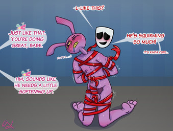 anthro arms_tied balls bdsm blush blush_lines bodily_fluids bondage bound dialogue drooling duo erection feet female foreskin fur genitals handjob handjob_from_behind hands_behind_back hands_tied hands_tied_behind_back humanoid_genitalia humanoid_penis kneeling legs_tied looking_pleasured male male/female mask moan motion_lines nipples nude offscreen_character one_eye_closed penile penis praise pubes purple_body purple_fur ribbon_bondage ribbon_restrained ribbons ribbons_(anatomy) rubbing_penis saliva sex speech_bubble squirming submissive submissive_anthro submissive_female submissive_male sweat talking_to_another talking_to_partner text unretracted_foreskin wrapped_around yellow_sclera lixy_art glitch_productions the_amazing_digital_circus gangle_(tadc) jax_(tadc) zooble_(tadc) animal_humanoid animate_inanimate fabric_creature humanoid lagomorph lagomorph_humanoid leporid living_mask living_toy mammal mammal_humanoid rabbit 2026 digital_media_(artwork) english_text signature nonbinary_(lore)