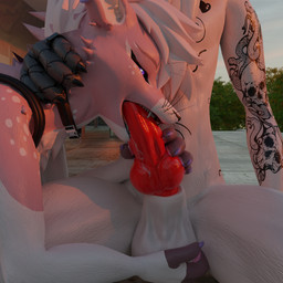 anthro balls bodily_fluids collar deep_throat duo genitals knot knotted_penis male male/male oral oral_penetration penetration penis poolside saliva saliva_string sunset tattoo pukiad canid canine canis fox mammal rexouium wolf 1:1 3d_(artwork) digital_media_(artwork) hi_res