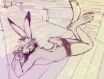 anthro big_ears biped clothed clothing fluffy fluffy_tail lying male on_front outside pier pose seaside skimpy solo tail water java killerbunnys lagomorph leporid mammal rabbit