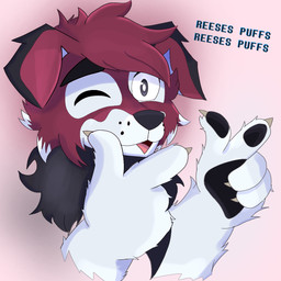 4_fingers ambiguous_gender anthro arm_tuft black_body black_eyes black_fur claws ears_down finger_gun fingers freckles fur gesture hair hand_gesture head_tuft multicolored_body multicolored_fur neck_tuft one_eye_closed pawpads paws pivoted_ears pointing red_body red_fur red_hair simple_background solo text tuft white_body white_fur wink afterdraws canid canine canis mammal wolf 1:1 2022 digital_drawing_(artwork) digital_media_(artwork) hi_res
