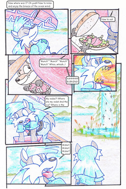 anthro beach blue_clothing blue_hair blue_shirt blue_topwear clothing duo female hair outside shirt speech_bubble text topwear umbrella virus-20 wendy_wolf_(virus-20) canid canine canis fox mammal wolf 2009 comic