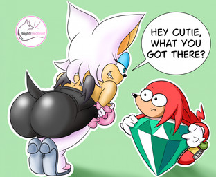 anthro big_butt butt clothing crouching dialogue duo female logo male rear_view tight_clothing brighteyedbeast sega sonic_the_hedgehog_(series) knuckles_the_echidna rouge_the_bat bat echidna mammal monotreme artist_logo hi_res