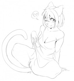 amputee anthro blush breasts clothing disability female genitals hair heart_eyes heart_symbol shirt solo topwear vulva bowbowbowie domestic_cat felid feline felis mammal hi_res monochrome sketch