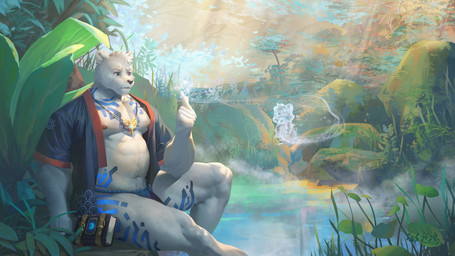 abs anthro asian_clothing blue_clothing blue_eyes blue_fundoshi blue_markings blue_topwear blue_underwear book chest_markings clothed clothing east_asian_clothing fundoshi fur hair japanese_clothing leg_markings light light_beam magic male markings moss musclegut muscular navel nipples on_rock open_clothing open_topwear pecs plant rock sitting sitting_on_rock solo sunbeam sunlight thigh_markings topwear underwear water white_body white_fur white_hair thebloodsouls bear mammal polar_bear spirit ursine 2020 absurd_res hi_res