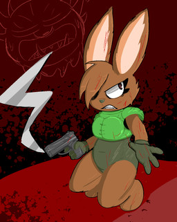 3_toes anthro barefoot blood bodily_fluids brown_body brown_fur feet female fur gun paws ranged_weapon smoke smoking_gun solo toes weapon lizardfungus doom_(series) id_software microsoft daisy_(doom) cacodemon lagomorph leporid mammal rabbit hi_res