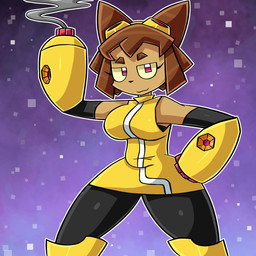 anthro arm_cannon big_breasts blaster boots breasts brown_body brown_fur brown_hair clothing eyewear eyewear_on_head female footwear fur goggles goggles_on_head gun gun_smoke hair leggings legwear ranged_weapon red_eyes shoes smile smoke solo weapon weapon_arm yellow_clothing spicyredacted gameoverse glitch_productions kit_bodega domestic_cat felid feline felis mammal 1:1 hi_res