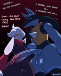 anthro balls big_penis black_body black_fur blue_body blue_fur blush bodily_fluids dialogue duo erection femboy fur genitals huge_penis humanoid_genitalia humanoid_penis interrobang male penis penis_size_difference question_mark sweat sweatdrop text white_body white_fur cuchuflin nintendo pokemon generation_4_pokemon generation_8_pokemon lucario pokemon_(species) raboot 2025 absurd_res comic english_text hi_res