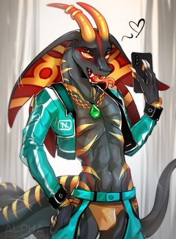 2_horns anthro claws clothed clothing collarbone cropped_jacket electronics fangs forked_tongue holding_object holding_phone horn jacket long_tail looking_at_viewer male navel open_clothing open_jacket open_mouth open_topwear phone shirtless slim snout solo tail teeth tongue tongue_out topwear underwear lgag006k043_(artist) reptile scalie snake 2025 colored digital_drawing_(artwork) digital_media_(artwork) hi_res shaded