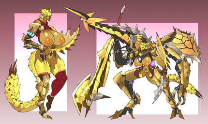 anthro areola axe big_breasts biped breasts cybernetic_arm cybernetic_leg cybernetic_limb facial_scar female genitals gun_arm gunlance holding_axe holding_melee_weapon holding_object holding_shield holding_sword holding_weapon huge_breasts machine mecha melee_weapon nipples red_sclera scales scar scars_all_over shield smile solo standing switch_axe sword vulva weapon weapon_arm winged_arms wings yellow_body yellow_eyes yellow_scales chorsinnell39 capcom monster_hunter gold_rathian rath_wyvern rathian 2026 digital_media_(artwork) hi_res