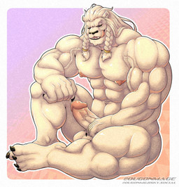 abs anthro balls biceps black_claws black_sclera border braided_mane claws deltoids erection face_lick fur genitals glans hair humanoid_genitalia humanoid_penis licking looking_at_viewer male muscular muscular_anthro muscular_male navel nipples nude pecs penis seductive sitting solo tongue triceps vein veiny_arms veiny_muscles veiny_penis white_body white_border white_fur white_hair yellow_eyes ougon image_comics invincible_(image_comics) thokk_(invincible) alien dornian felid mammal 2026 absurd_res digital_media_(artwork) hi_res