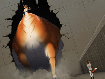 anthro belly big_belly breasts clothing duo female fur grey_clothing huge_belly macro male nipples orange_body orange_fur outside overweight meanybeany canid canine deer deer_taur fox mammal mammal_taur taur 2021