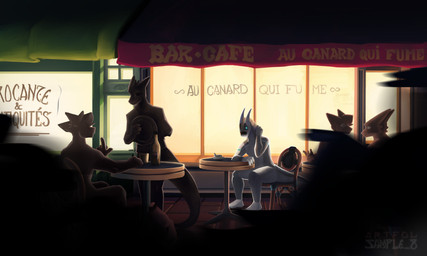 4_fingers ambiguous_anthro ambiguous_gender antennae_(anatomy) anthro awning biped blue_eyes blurred_foreground bottle brick brick_floor cafe chair claws coffee_cup container countershading cup depth_of_field detailed_background finger_claws fingers furniture grey_body group hand_on_neck horn light looking_down machine male melancholic moody night outside plantigrade plate sitting solo_focus standing table tail text visor walking white_body white_countershading window sample_(artist) komuros ambiguous_species robot robot_anthro synth_(vader-san) 2024 5:3 absurd_res colored digital_media_(artwork) digital_painting_(artwork) french_text hi_res painting_(artwork) shaded signature