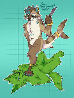 anthro duo genitals knife knife_play lokithecat lokithegreencat male male/male other paws penis raccoonshark riptideraccoonshark stepping that1opossum loki riptide domestic_cat felid feline felis mammal hi_res
