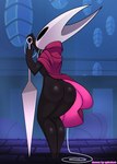 anthro black_body black_eyes butt claws clothed clothing detailed_background featureless_feet feet female glistening glistening_body multicolored_body partially_clothed solo two_tone_body weapon white_body spiralart_(artist) hollow_knight team_cherry hornet_(hollow_knight) arthropod insect absurd_res hi_res