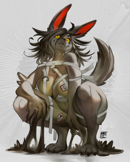 anthro big_breasts black_body black_fur black_hair breasts clothed clothing crouching female female_anthro fur hair looking_at_viewer skimpy smile solo tail swiwwel mir_(swiwwel) canid canine mammal 2025 absurd_res digital_media_(artwork) hi_res signature