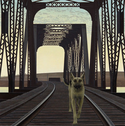 5_toes ambiguous_gender black_body black_fur black_nose bridge brown_body brown_fur claws feet feral front_view fur outside quadruped railway_track solo toe_claws toes walking alex_colville canid canine canis domestic_dog german_shepherd herding_dog mammal pastoral_dog 1976 20th_century ancient_art hi_res
