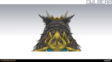 ambiguous_feral ambiguous_gender armor black_body black_feathers brown_body brown_feathers company_name feathers feral gold_(metal) gold_armor gold_mask gradient_background grey_body grey_feathers horned_mask light multicolored_body multicolored_feathers plumicorns rear_view saddle simple_background solo text nicholas_patrick_kelana highguard_(game) avian bear bird mammal moonbruin_(highguard) owl ursine 2026 absurd_res bust_portrait colored concept_art digital_drawing_(artwork) digital_media_(artwork) english_description english_text hi_res lighting official_art portrait shaded