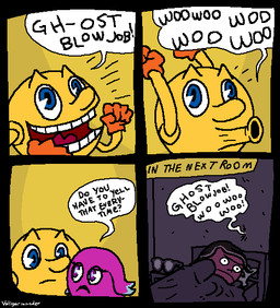 blue_eyes duo eyewear female glasses male not_furry parody purple_eyes text third-party_edit unknown_artist bandai_namco pac-man_(series) pac-man_and_the_ghostly_adventures cylindria pac-man pinky_(pac-man) ghost pac-worlder spirit waddling_head english_text