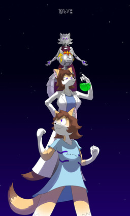 age_difference age_progression anthro brain_in_a_jar breasts brown_hair cleavage cleavage_cutout clothed clothing coat cutout cybernetics female fur glowing glowing_eyes grey_hair group hair lab_coat larger_female low-angle_view machine night orange_body orange_fur scientist size_difference star tail topwear 10ne-v alexa_(10ne-v) canid canine cyborg fox living_machine mammal robot absurd_res hi_res