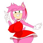 accessory anthro big_breasts breasts clothed clothing fangs female fur gesture green_eyes hair hair_accessory hairband nipple_outline open_mouth open_smile partially_clothed pink_body pink_fur pink_hair simple_background smile solo teeth thick_thighs wide_hips nsfwtheodore sega sonic_the_hedgehog_(series) amy_rose eulipotyphlan hedgehog mammal 1:1 2022 hi_res