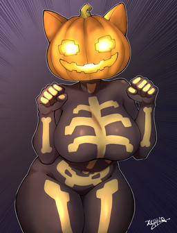 anthro big_breasts bodysuit breasts clothing female food for_a_head fruit glistening huge_breasts looking_at_viewer plant pumpkin pumpkin_head skinsuit solo thick_thighs tight_clothing wide_hips xeppir epic_games fortnite spice_(fortnite) domestic_cat felid feline felis mammal object_head 2025 absurd_res hi_res signature