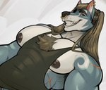 anthro areola biceps big_pecs clothed clothing ear_piercing facial_piercing fur grey_body grey_fur hair looking_at_viewer male muscular muscular_anthro muscular_male nipples nose_piercing nose_ring open_mouth pecs pecs_focus piercing ring_piercing scar shirt simple_background smile smug smug_face solo tank_top teeth topwear white_body white_fur yellow_eyes marlon.cores canid canine mammal