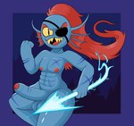 abs anthro balls blue_body blue_skin crossgender eye_patch eyewear foreskin ftm_crossgender genitals hair humanoid_genitalia humanoid_penis male melee_weapon nipples penis polearm red_hair scar solo spear thick_thighs weapon poraka7 undertale_(series) undyne fish marine hi_res