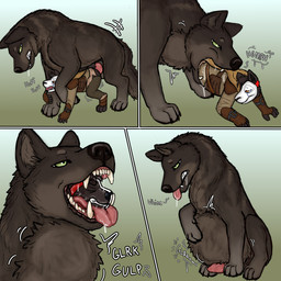 abdominal_bulge anal anal_penetration anthro anthro_prey bodily_fluids clothed clothing drooling duo erection feet_first feral feral_pred head_in_mouth larger_feral male male/male mask neck_bulge penetration penile penile_penetration rumbling_stomach saliva size_difference smaller_anthro swallowing text tongue vore whimper hgythshs jay_lurker_(ayejaykay) canid canine canis mammal wolf absurd_res comic digital_media_(artwork) english_text hi_res