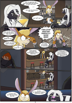 alcohol bar beer beverage clothing dialogue dress female gender_transformation latex maid_uniform male profanity text transformation uniform mrdyga bear human lagomorph leporid mammal mephitid rabbit skunk absurd_res comic english_text hi_res