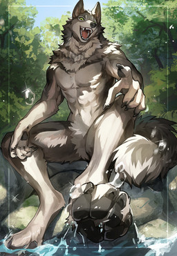 5_fingers anthro biped black_nose black_pawpads day detailed_background digitigrade fangs featureless_crotch fingers fur gesture green_eyes grey_body grey_fur hand_gesture looking_at_viewer low-angle_view male nude open_mouth open_smile outside pawpads plant pointing pointing_at_viewer smile solo teeth tongue tree water wintom canid canine canis mammal wolf 2023 digital_drawing_(artwork) digital_media_(artwork) hi_res