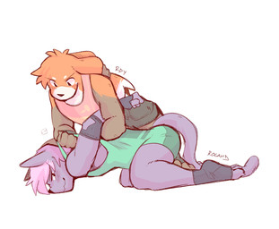 anthro clothing clothing_grab duo elbow_pads footwear fur hair kneeling male male/male orange_body orange_fur pink_hair pinned pinned_to_ground purple_body purple_fur shirt simple_background tail tank_top toeless_footwear topwear white_background wrestling wrestling_singlet tohfu rdy_(character) roland_(character) ailurid domestic_cat felid feline felis mammal red_panda 2020 hi_res