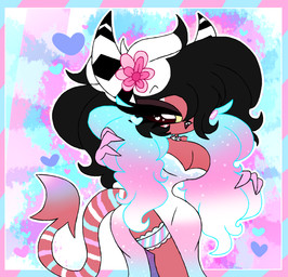 accessory big_breasts black_hair black_lips border breasts cleavage clothed clothing dress feather_boa female flower flower_in_hair garter hair hair_accessory hair_over_eye heart_catchlight heart_ear_ring heart_symbol horn lips not_furry open_mouth open_smile plant red_body red_skin side_slit side_slit_dress slit_dress smile solo spade_tail sparkles sparkling_clothing sparkling_dress striped_border striped_horn stripes tail cyrilwolff hellaverse helluva_boss sallie_may_(helluva_boss) demon horned_humanoid humanoid imp tailed_humanoid 2024 hi_res pastel_theme trans_(lore) trans_woman_(lore)