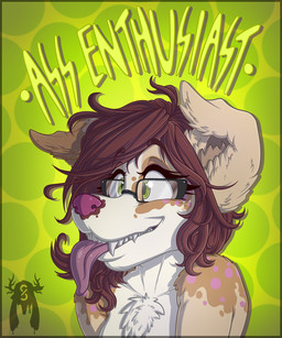 anthro breasts brown_body brown_fur brown_hair chest_tuft cross-eyed eyebrow_through_hair eyebrows eyelashes eyewear female fur fur_markings glasses green_eyes hair inner_ear_fluff markings multicolored_body multicolored_fur nude pattern_background pink_nose purple_body purple_fur sharp_teeth simple_background solo spots tan_body tan_fur teeth text tongue tongue_out translucent translucent_hair tuft yellow_eyes shauvinworks dimmi_(dimwitdog) canid canine canis domestic_dog mammal 2018 5:6 digital_media_(artwork) english_text hi_res watermark