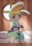 anthro biped blonde_hair blush clothing fur green_body green_fur hair jacket pink_eyes solo topwear white_body white_fur rael animal_crossing nintendo sasha_(animal_crossing) lagomorph leporid mammal rabbit 2022 absurd_res digital_drawing_(artwork) digital_media_(artwork) hi_res