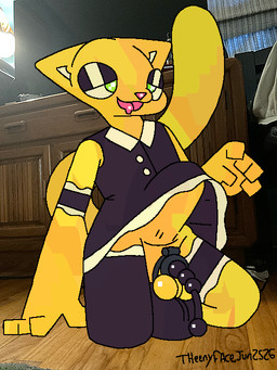 abdominal_bulge anal balls chastity_cage chastity_device clothing detailed_background dildo dildo_sitting genitals looking_pleasured maid_uniform male on_ground penetration photo_background sex_toy solo uniform urethral theenyface butters_(theenyface) domestic_cat felid feline felis mammal mixed_media photography_(artwork)