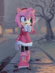 accessory anthro beverage black_nose boots clothed clothing coat container cup female footwear gloves green_eyes hair hair_accessory hairband handwear holding_container holding_cup holding_object outside pink_hair plant shoes short_hair snow solo thin_calves thin_legs thin_thighs topwear tree winter knockabiller sega sonic_the_hedgehog_(series) amy_rose eulipotyphlan hedgehog mammal 2017 hi_res