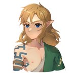 blonde_hair blue_eyes clothing hair humanoid_pointy_ears light_body light_skin long_hair male nipples not_furry simple_background solo foxvulpine nintendo the_legend_of_zelda link elf humanoid hylian