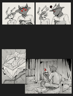 3_eyes anthro buckteeth candle clothing dialogue duo female female_anthro hat headgear headwear holding_skull inside long_ears male male_anthro multi_eye red_eyes speech_bubble teeth text aveloka narinder domestic_cat felid feline felis hare lagomorph leporid mammal 2025 comic digital_media_(artwork) english_text hi_res spot_color