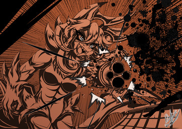 anthro blade breasts female fluffy gun_arm horn ink_splatter neck_tuft nude nude_anthro pointy_ears sharp_horn solo tuft weapon_arm yukariasano beast_velatis velatis_ferio_caedo unknown_species monochrome watermark
