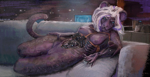 anthro blue_eyes breasts claws computer electronics female furniture genitals hair inside long_hair looking_at_viewer lying machine mechanical_parts medium_breasts night nipples nude on_back prosthetic sofa solo spots tail vulva white_hair alex-dep-998 android felid mammal pantherine robot 2026 digital_drawing_(artwork) digital_media_(artwork) hi_res