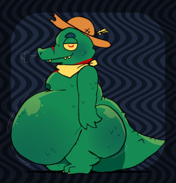 anthro areola belly big_belly big_butt biped breath butt clothing green_body green_scales hat headgear headwear huge_belly huge_butt kerchief male moobs motion_lines mouth_closed neckerchief neckwear nipples obese obese_male overweight overweight_male scales side_view smile solo standing straw_hat tail teeth yellow_sclera pawplants red_(pawplants) alligator alligatorid crocodilian reptile scalie 2026 hi_res