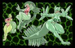 14:9 anthro areola big_breasts big_tail black_eyes breasts crossed_arms deltavinny eyelashes female generation_3_pokemon genitals green_areola green_background green_body green_hair green_nipples green_scales group grovyle hair hi_res huge_breasts long_hair long_tail looking_at_viewer navel nintendo nipples nude pink_areola pink_body pink_nipples pink_scales pokemon pokemon_(species) pupils pussy reaching_out scales sceptile simple_background slit_pupils tail thick_thighs treecko trio wide_hips yellow_sclera