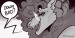 ambiguous_gender anthro eyewear fangs freckles glasses piercing sharp_teeth smile smirk smug smug_grin solo teeth text g-rue-some rue_(gruesome) bovid caprine mammal greyscale hi_res monochrome nonbinary_(lore)